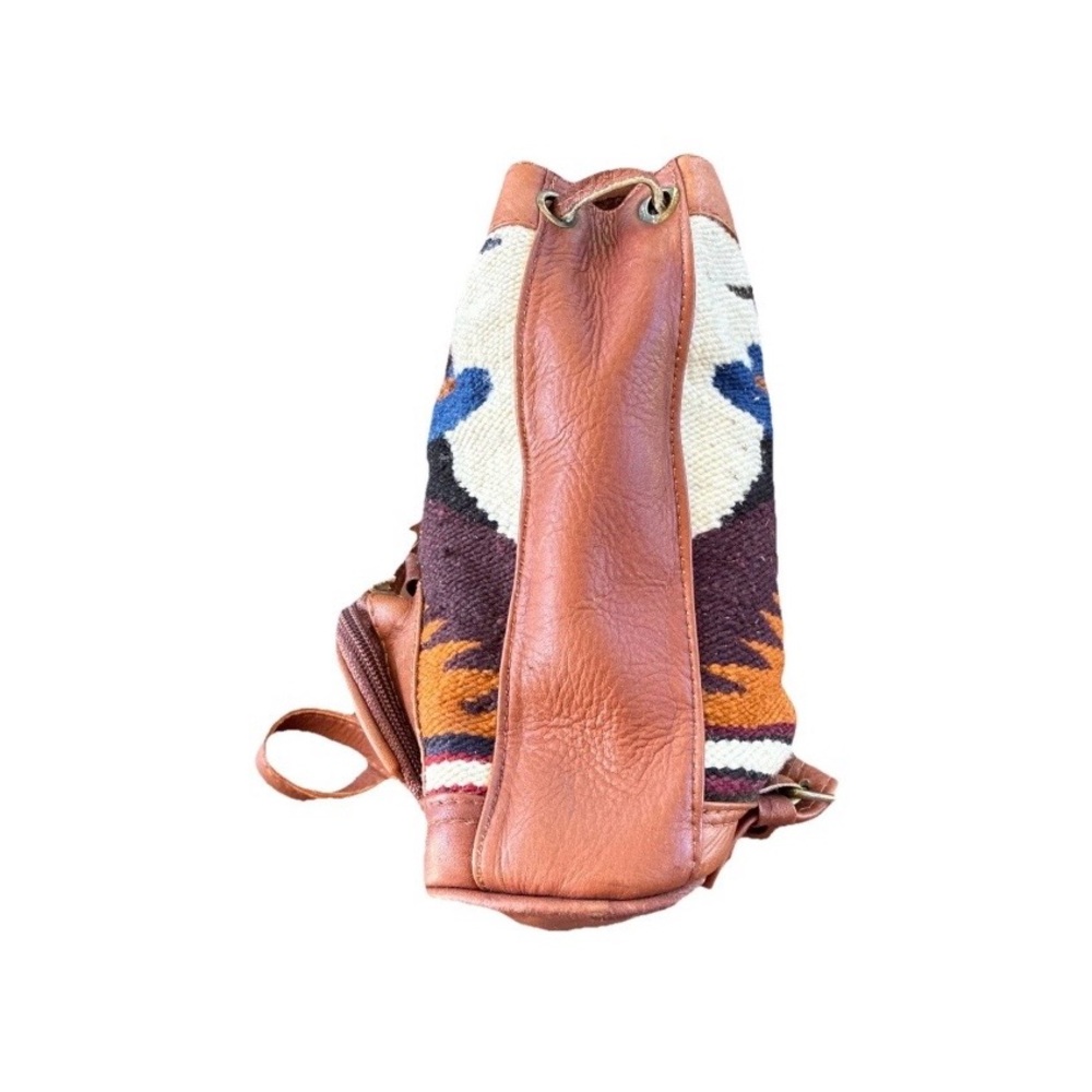Leather &Woven Woolen Textile Small Backpack Crossbody Bag — Brown, Boho Vintago - Picture 2 of 14